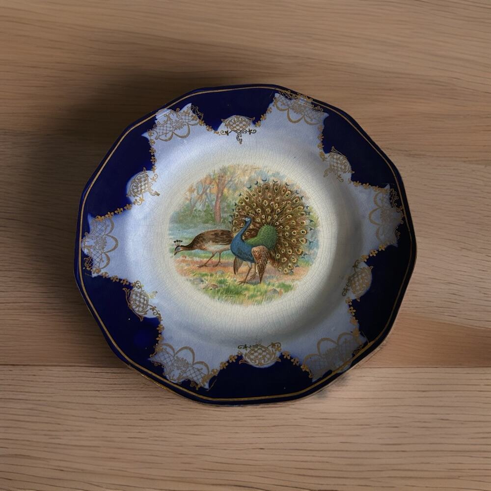 R.K.Beck Signed Pheasant Plate Sterling China 9” D 1900s Flow Blue Transferware